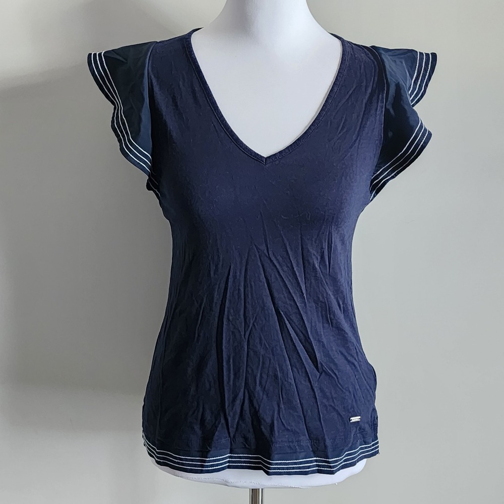 Tommy Hilfiger Flutter Sleeve V Neck Top Womens XXS Navy Nautical Stripe Preppy